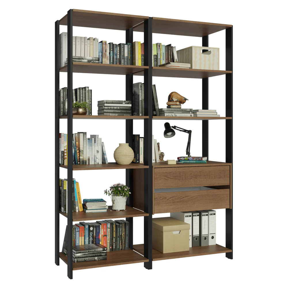 Mueble/Estante de Oficina Multiusos, 129 cm, 9 Estantes, 2 Cajones, Marrón/Negro - Image 7