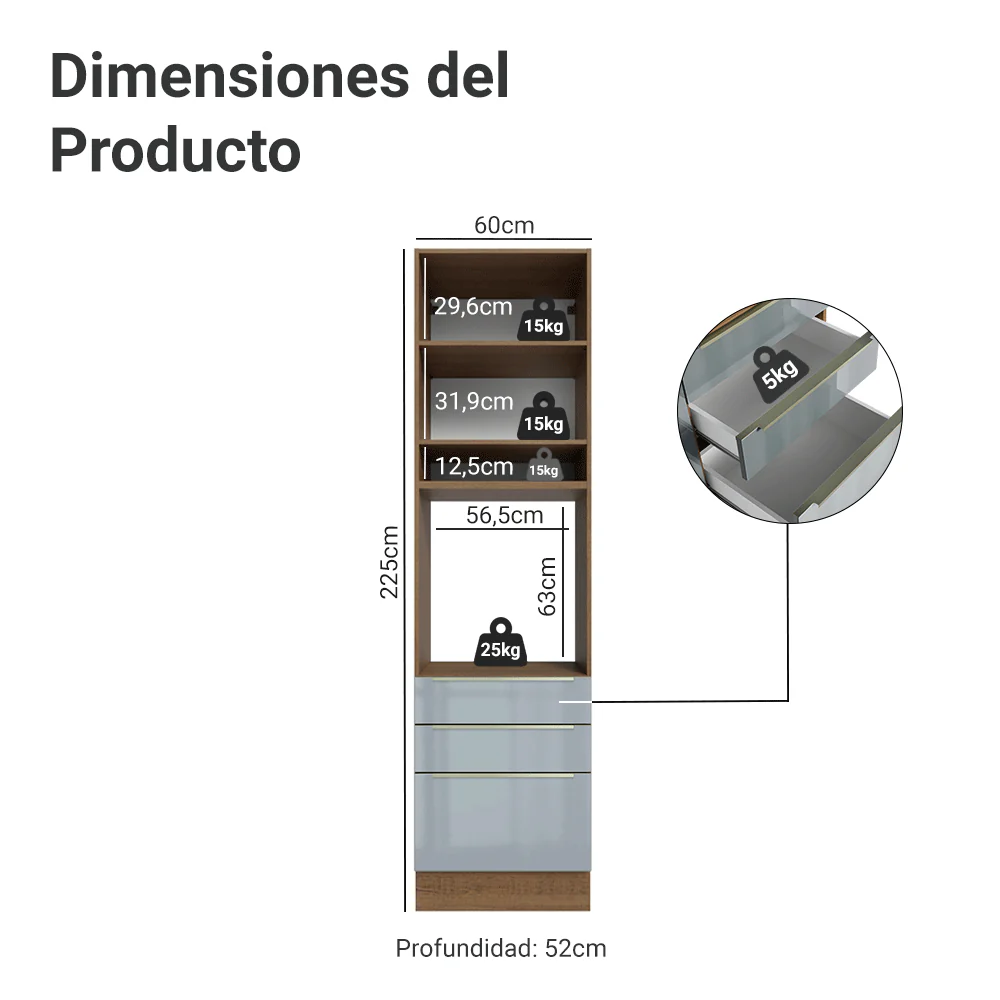 Mueble para Horno/Microondas 60 cm 1 Puerta y 3 Cajones Blanco/Gris Lux Madesa - Image 2