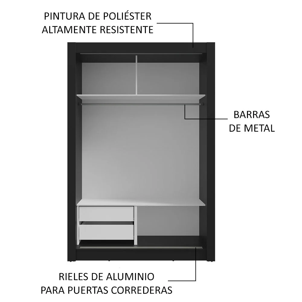 Placard 2 Puertas Corredizas con Espejo 2 Cajones Negro/Blanco Vivare - Image 6