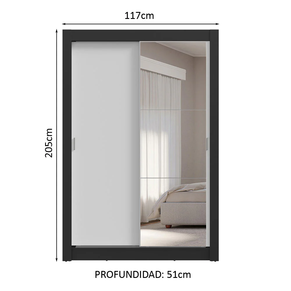 Placard 2 Puertas Corredizas con Espejo 4 Cajones Negro/Blanco Vivare Plus - Image 2