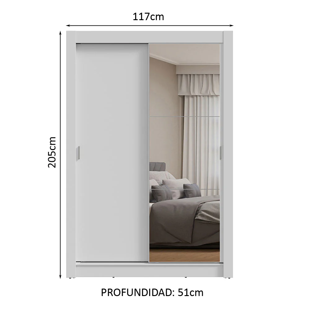 Placard 2 Puertas Corredizas con Espejo Blanco Milano - Image 2