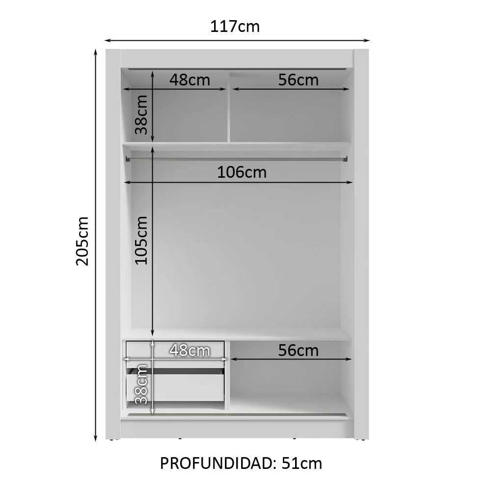 Placard 2 Puertas Corredizas con Espejos 2 Cajones Blanco Vivare - Image 4