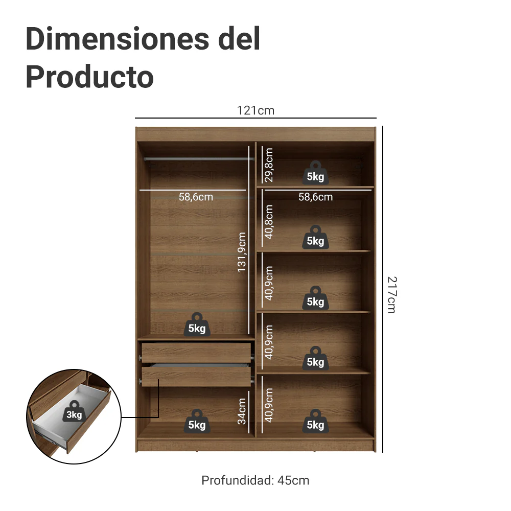 Placard Closet 2 Cajones 121 cm Marrón Venus Madesa - Image 2