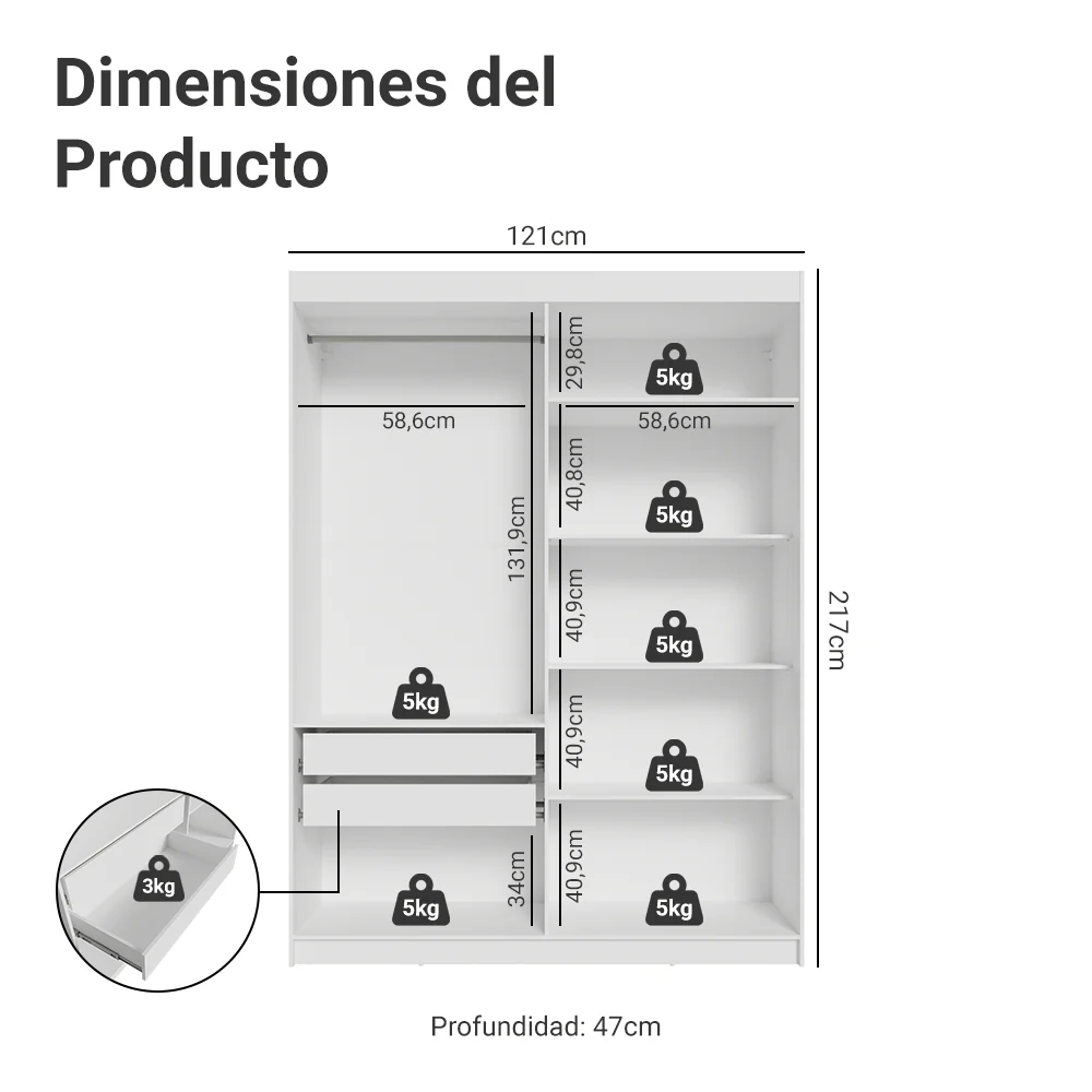 Placard Individual 4 Puertas Batientes Blanco/Blanco/Negro Venus Madesa - Image 2