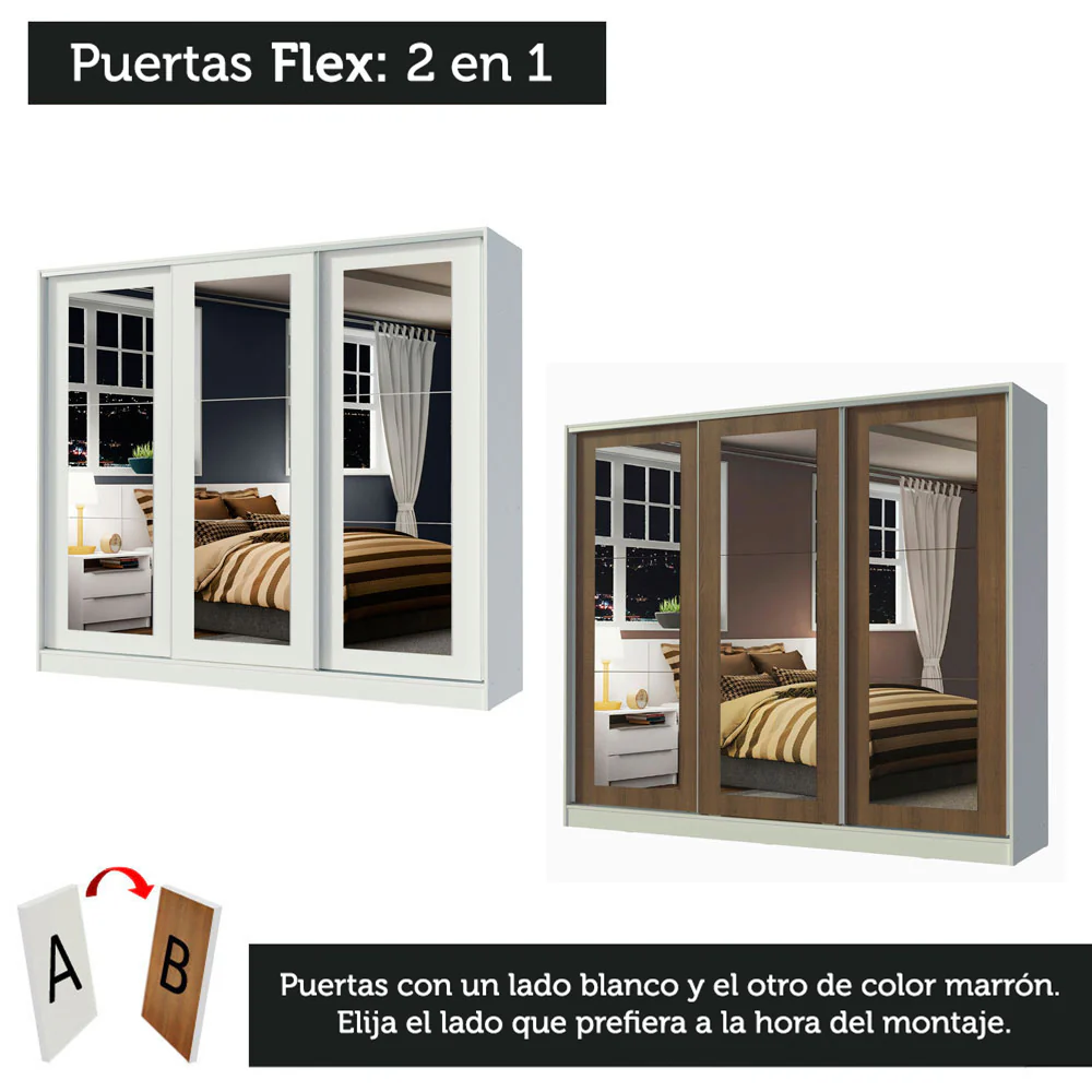 Placard Matrimonial 100% MDF 3 Puertas Corredizas con Espejos Blanco Eros - Image 10