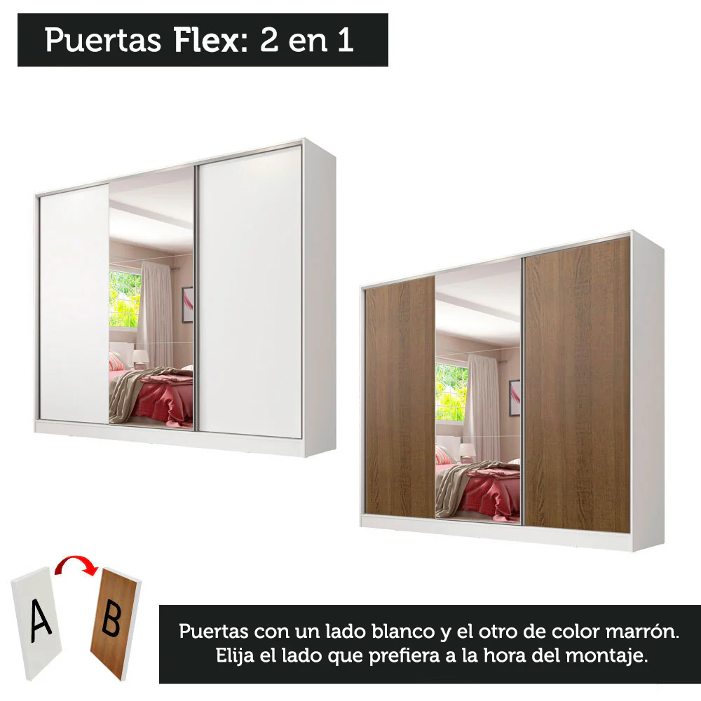 Placard Matrimonial 100% MDF con Espejo Royale 3 Puertas Corredizas Blanco - Image 10