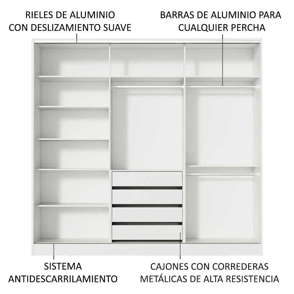 Placard Matrimonial 100% MDF con Espejo Royale 3 Puertas Corredizas Blanco - Image 5