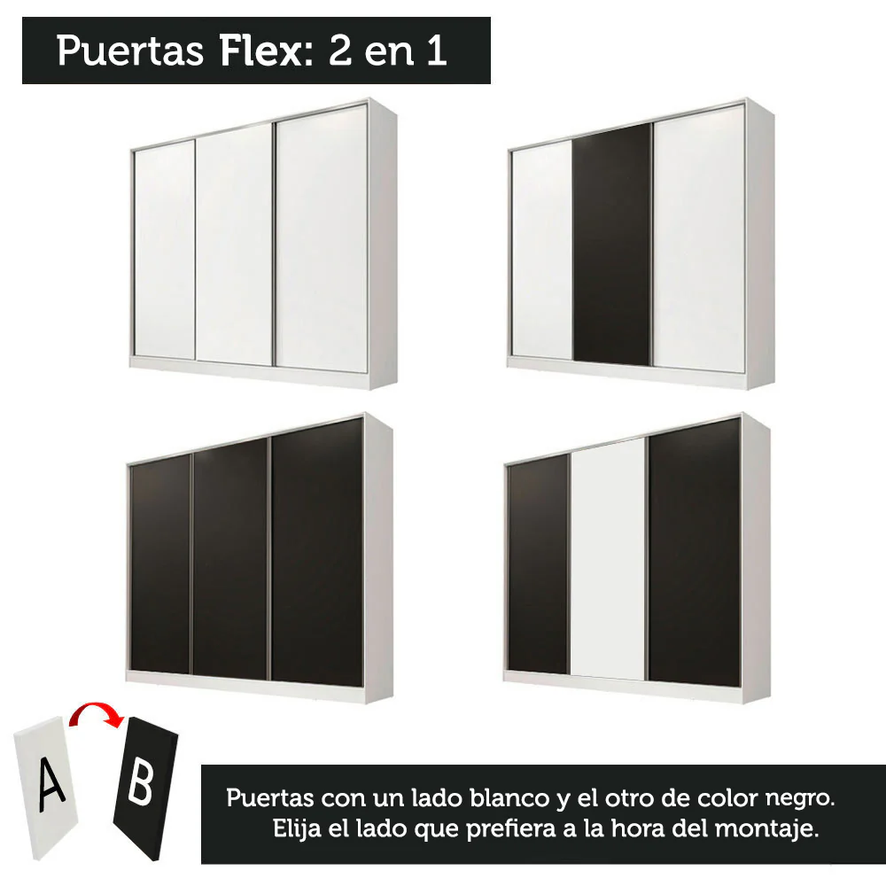Placard Matrimonial 100% MDF Royale 3 Puertas Corredizas Blanco/Blanco/Negro - Image 10