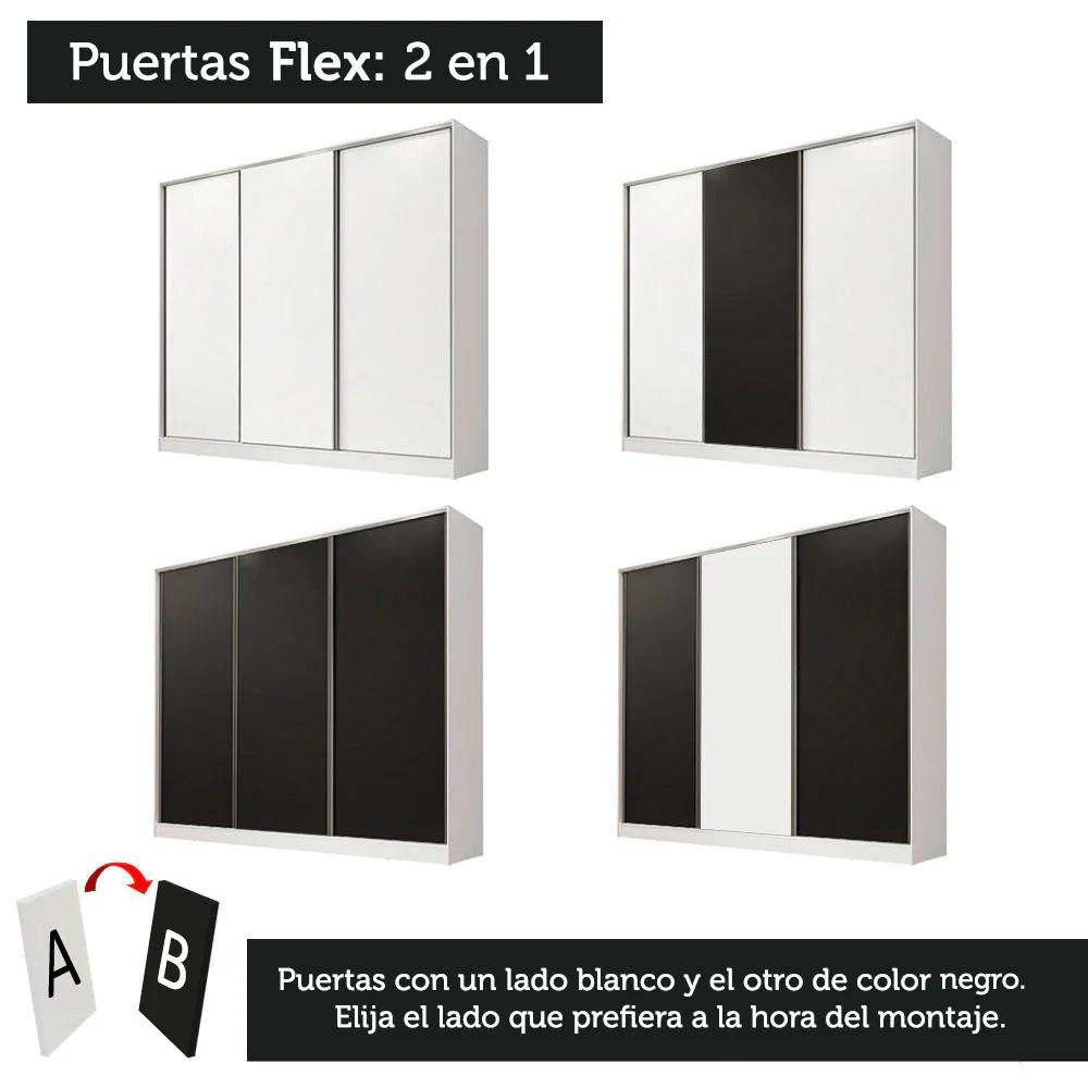 Placard Matrimonial 100% MDF Royale 3 Puertas Corredizas Blanco/Negro/Blanco - Image 10