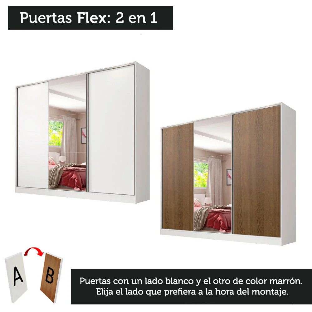 Placard Matrimonial 100% MDF Royale 3 Puertas Corredizas con Espejo Blanco/Marrón - Image 10