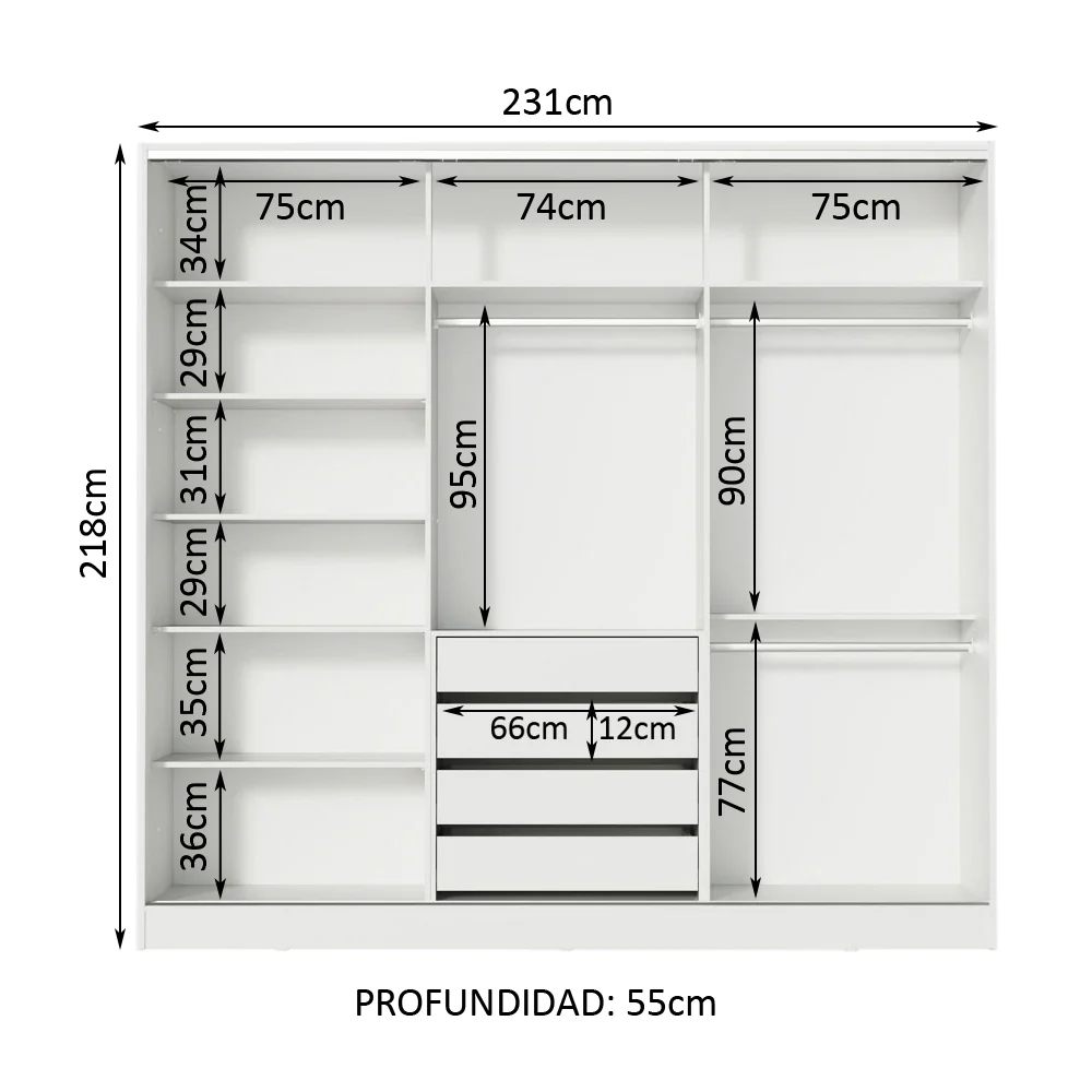 Placard Matrimonial 100% MDF Royale 3 Puertas Corredizas con Espejo Blanco/Marrón - Image 6
