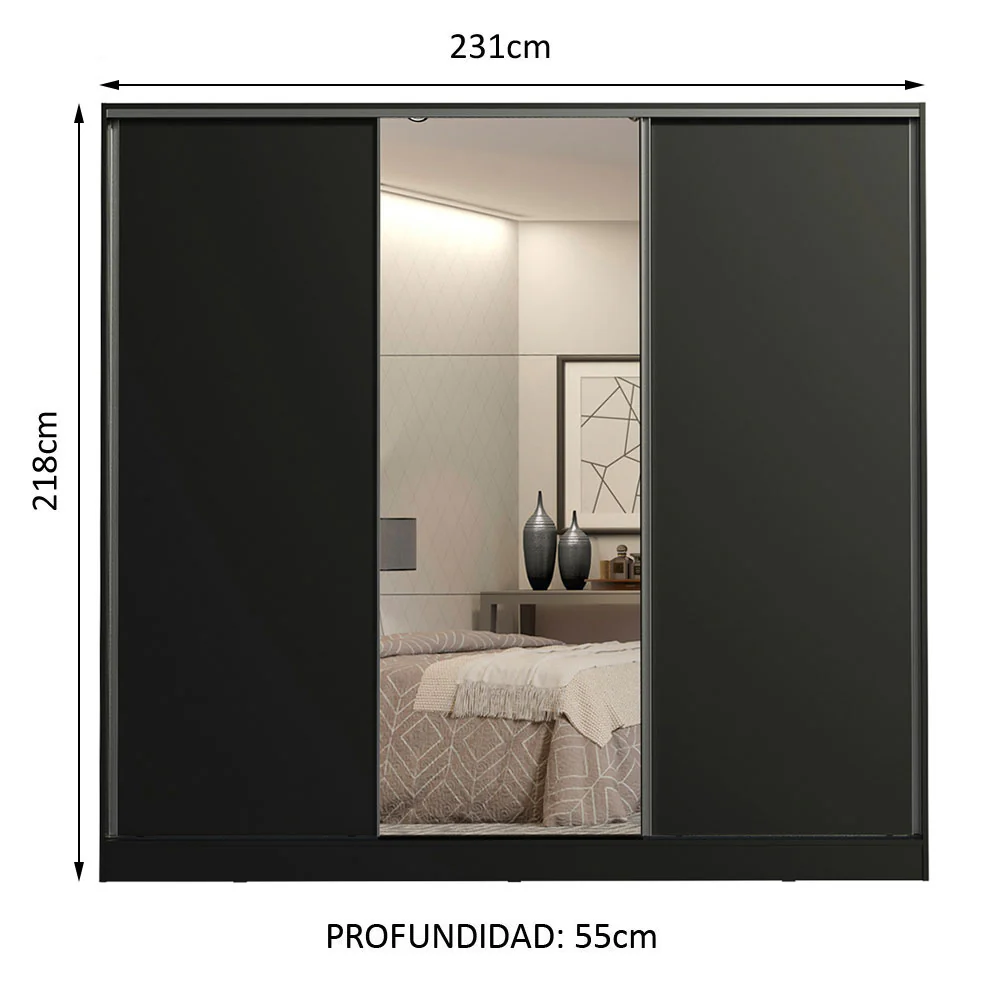Placard Matrimonial 100% MDF Royale 3 Puertas Corredizas con Espejo Negro - Image 2