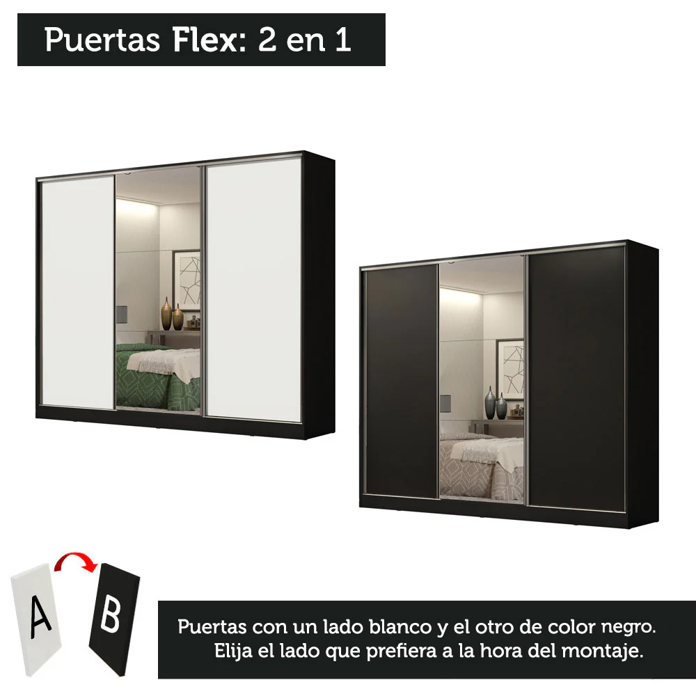 Placard Matrimonial 100% MDF Royale 3 Puertas Corredizas con Espejo Negro/Blanco - Image 10