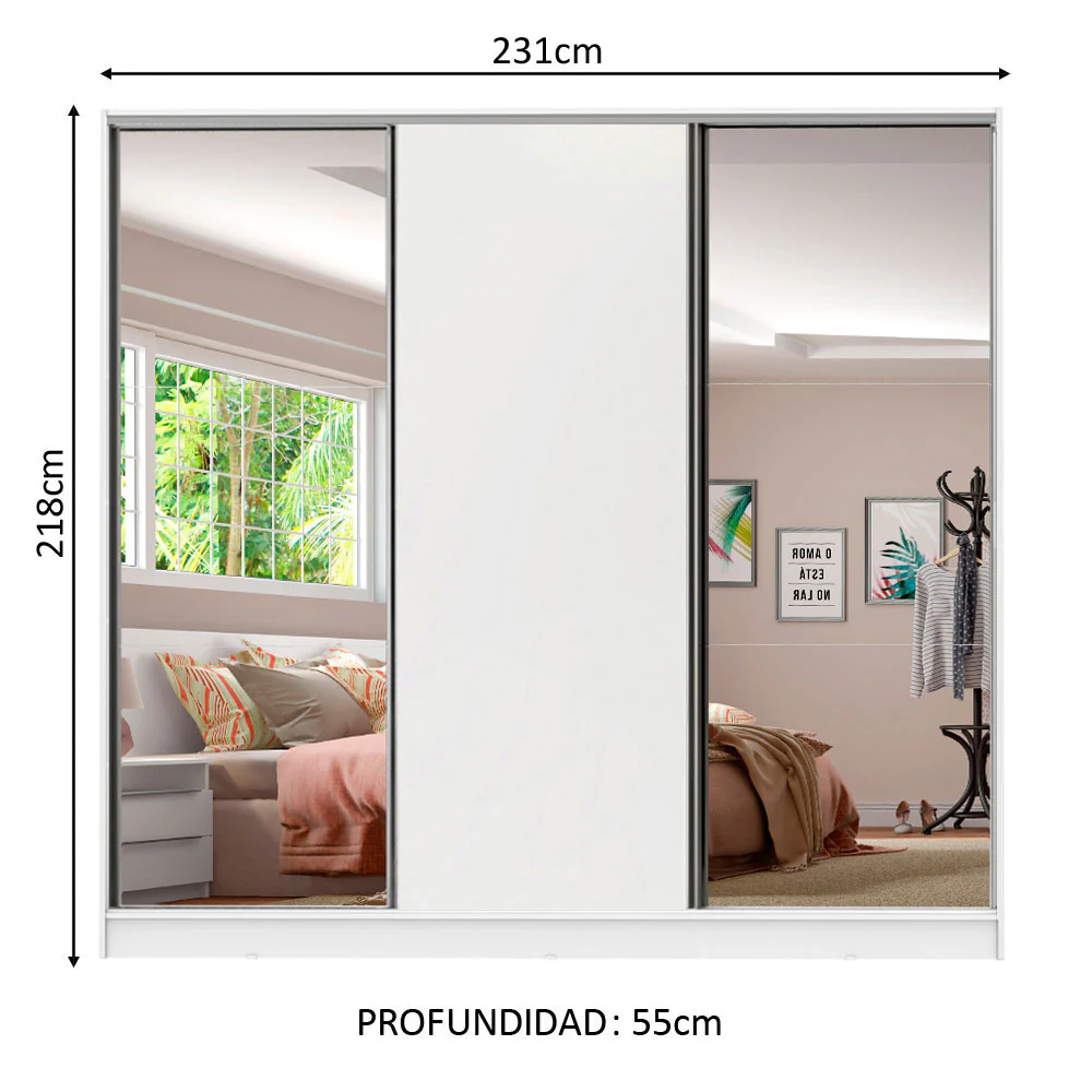 Placard Matrimonial 100% MDF Royale 3 Puertas Corredizas con Espejos Blanco - Image 2