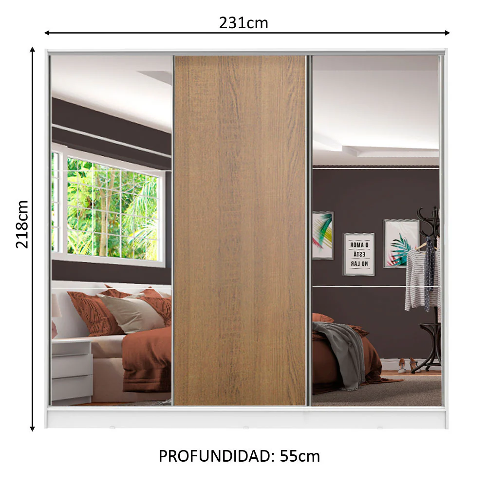 Placard Matrimonial 100% MDF Royale 3 Puertas Corredizas con 2 Espejos Blanco/Marrón - Image 2