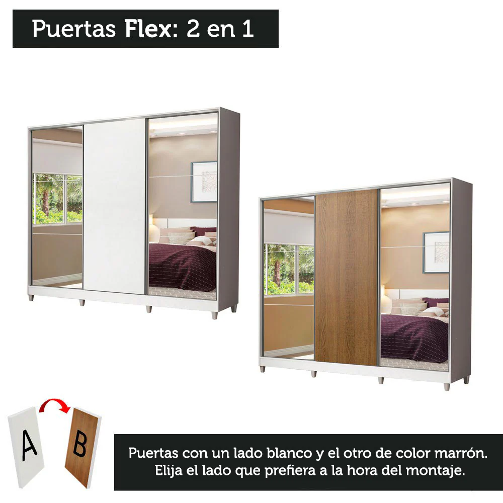 Placard Matrimonial 100% MDF Royale 3 Puertas Corredizas con Espejos con Patas Blanco - Image 8