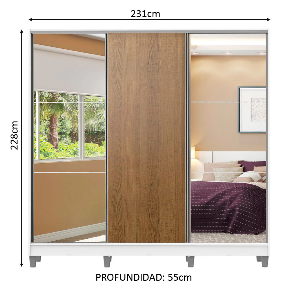 Placard Matrimonial 100% MDF Royale 3 Puertas Corredizas con Espejos con Patas Blanco/Marrón - Image 2