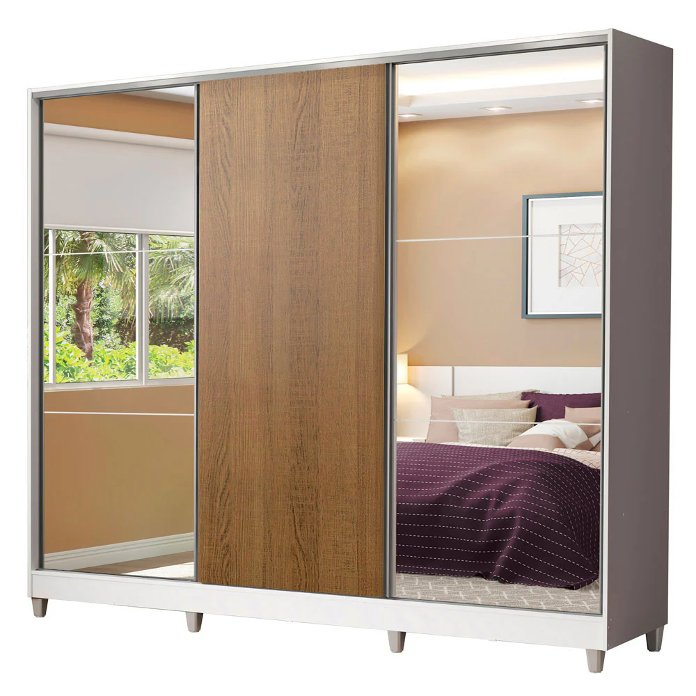 Placard Matrimonial 100% MDF Royale 3 Puertas Corredizas con Espejos con Patas Blanco/Marrón - Image 3