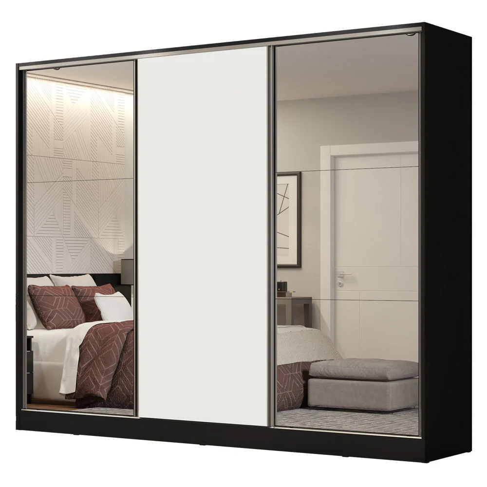Placard Matrimonial 100% MDF Royale 3 Puertas Corredizas con Espejos Negro/Blanco - Image 3