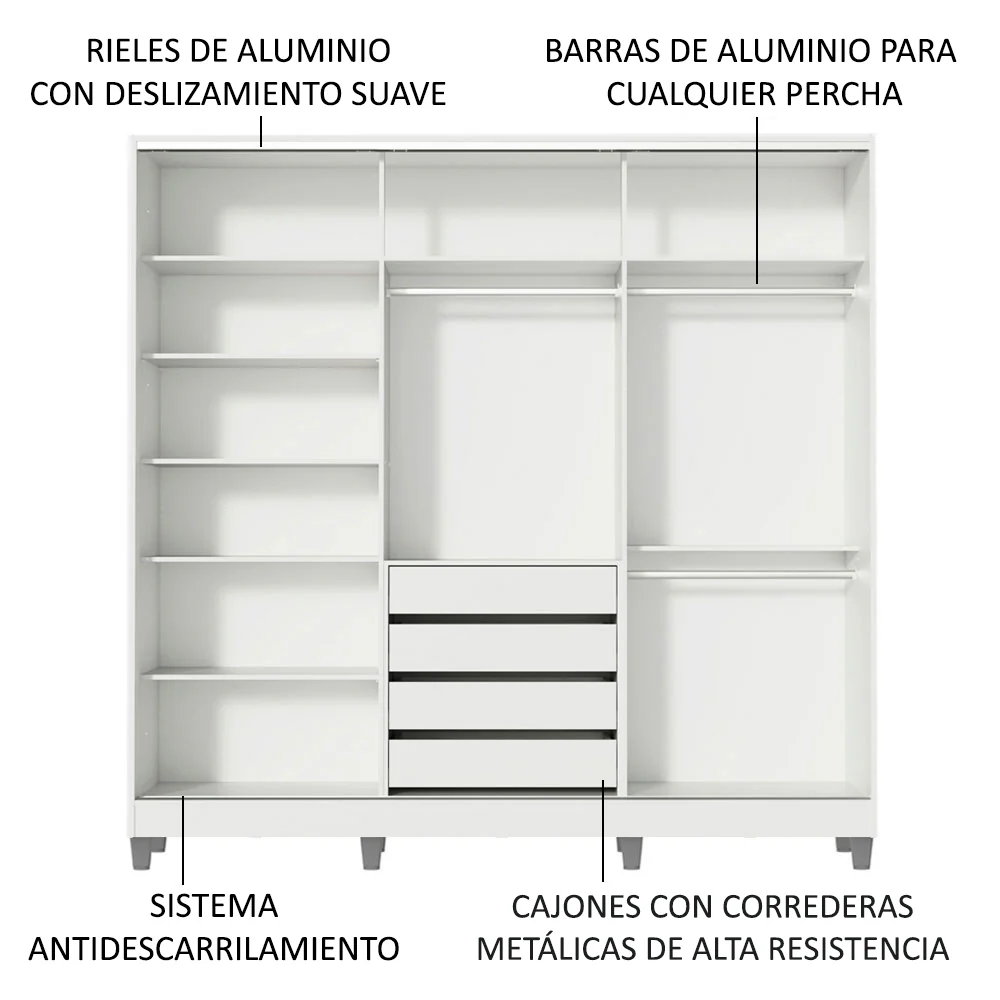 Placard Matrimonial 100% MDF Royale 3 Puertas Corredizas con Patas Blanco - Image 5