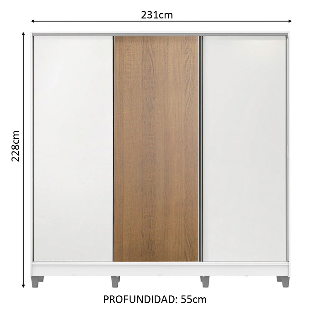 Placard Matrimonial 100% MDF Royale 3 Puertas Corredizas con Patas Blanco/Blanco/Marrón - Image 2