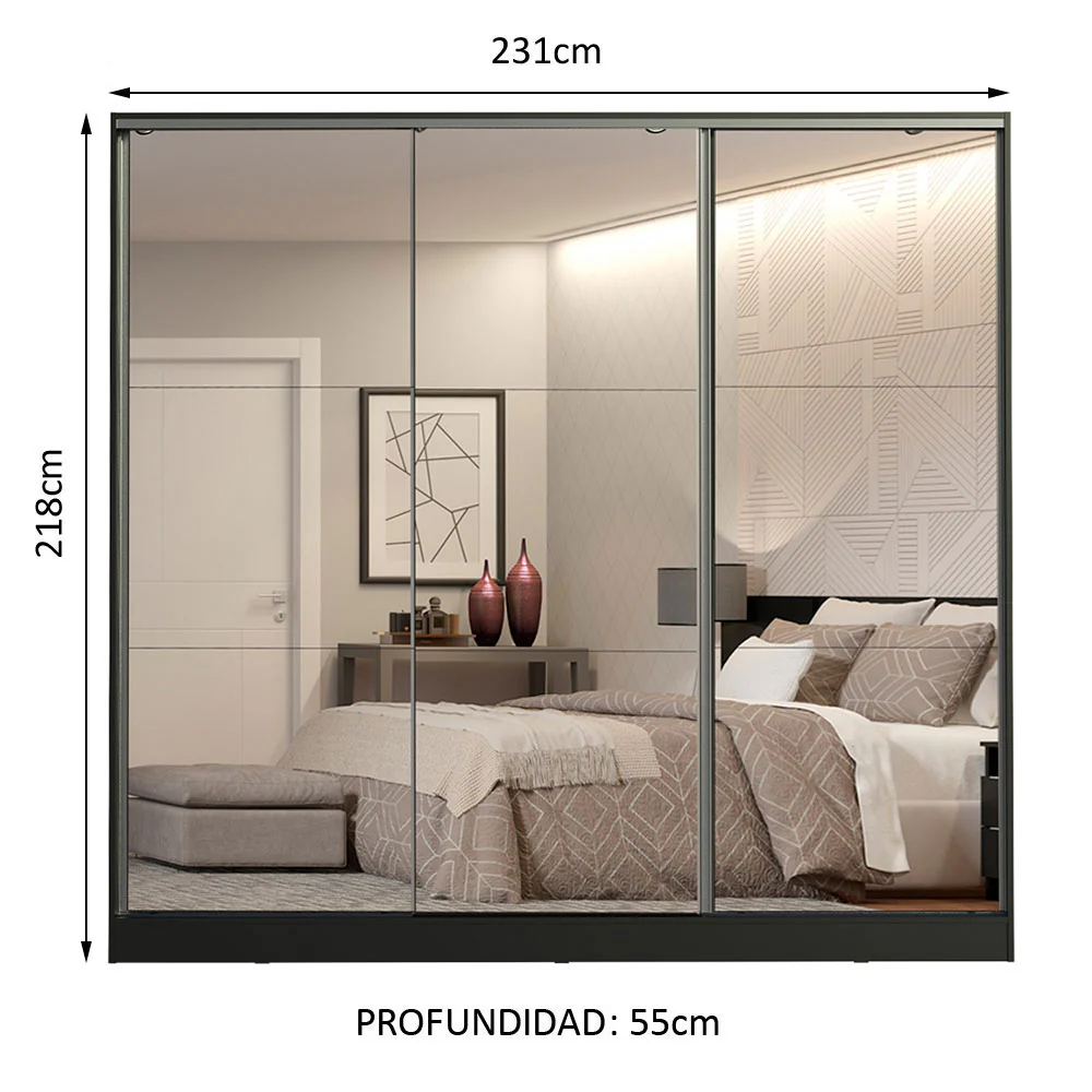 Placard Matrimonial 100% MDF Royale 3 Puertas Corredizas de Espejo Negro - Image 2