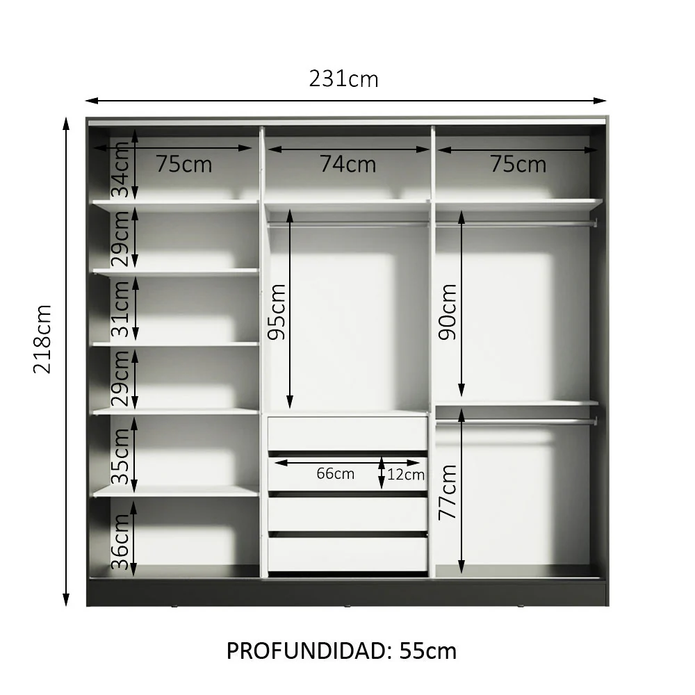 Placard Matrimonial 100% MDF Royale 3 Puertas Corredizas de Espejo Negro - Image 6