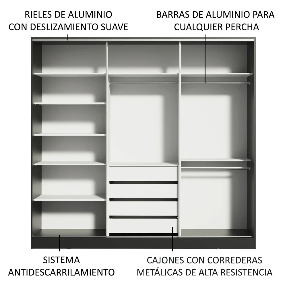 Placard Matrimonial 100% MDF Royale 3 Puertas Corredizas Negro/Blanco - Image 5