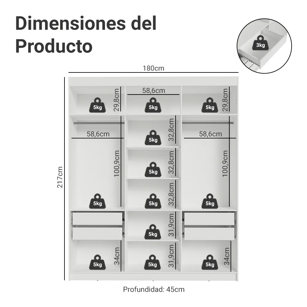 Placard Matrimonial 180 cm Sin Puertas 4 Cajones Venus Blanco - Image 2