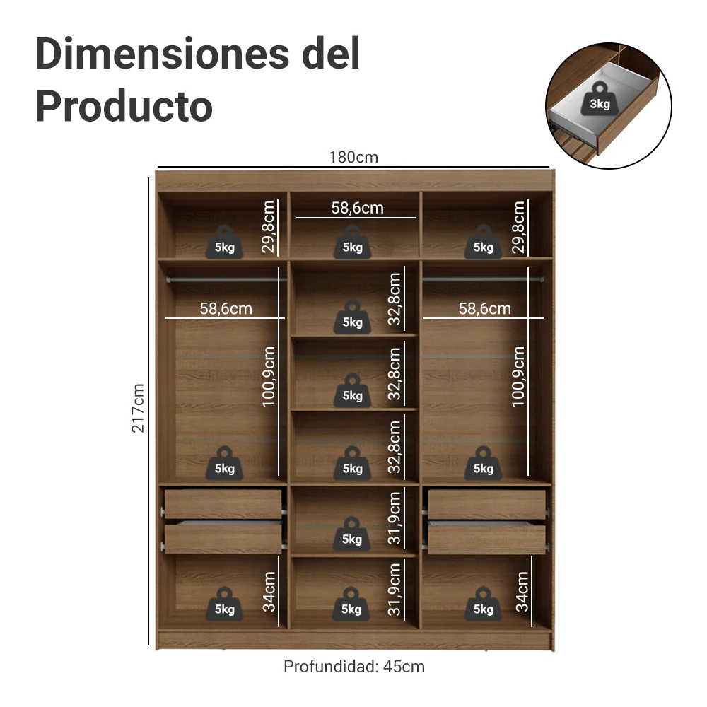 Placard Matrimonial 180 cm Sin Puertas 4 Cajones Venus Marrón - Image 2