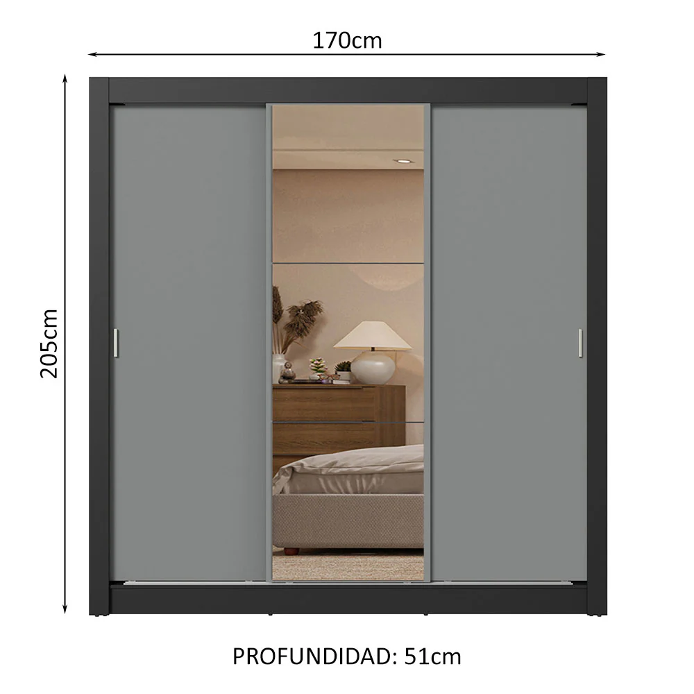 Placard Matrimonial 3 Puertas Corredizas 2 Cajones Negro/Gris Sublime - Image 2