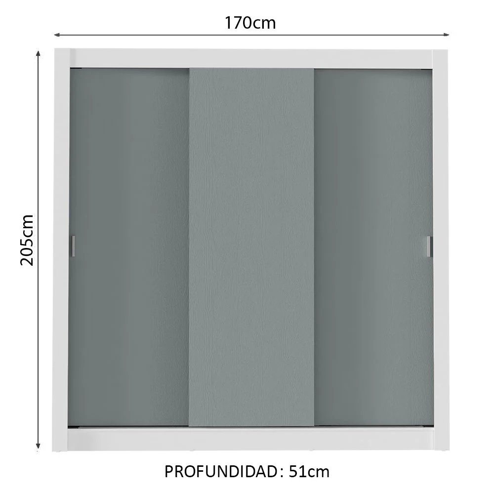 Placard Matrimonial 3 Puertas Corredizas Blanco/Gris Monaco - Image 2