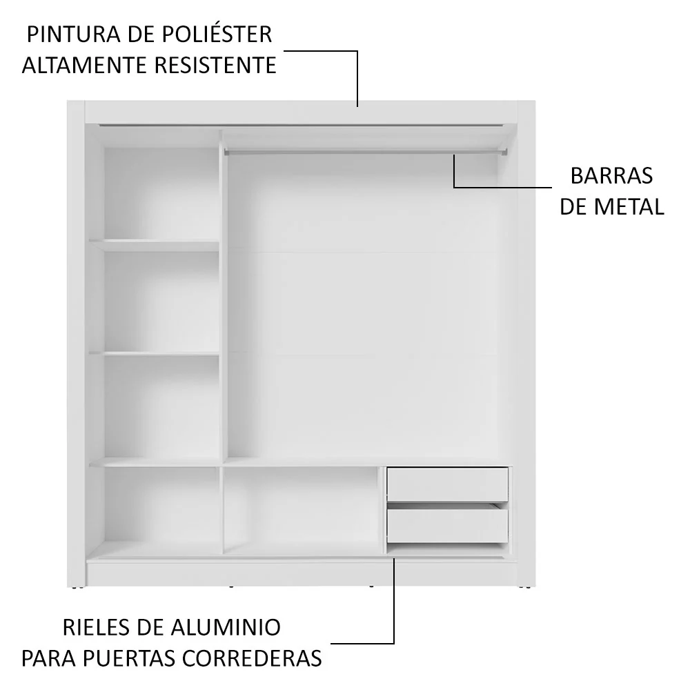 Placard Matrimonial 3 Puertas Corredizas 2 Cajones Blanco Sublime - Image 6