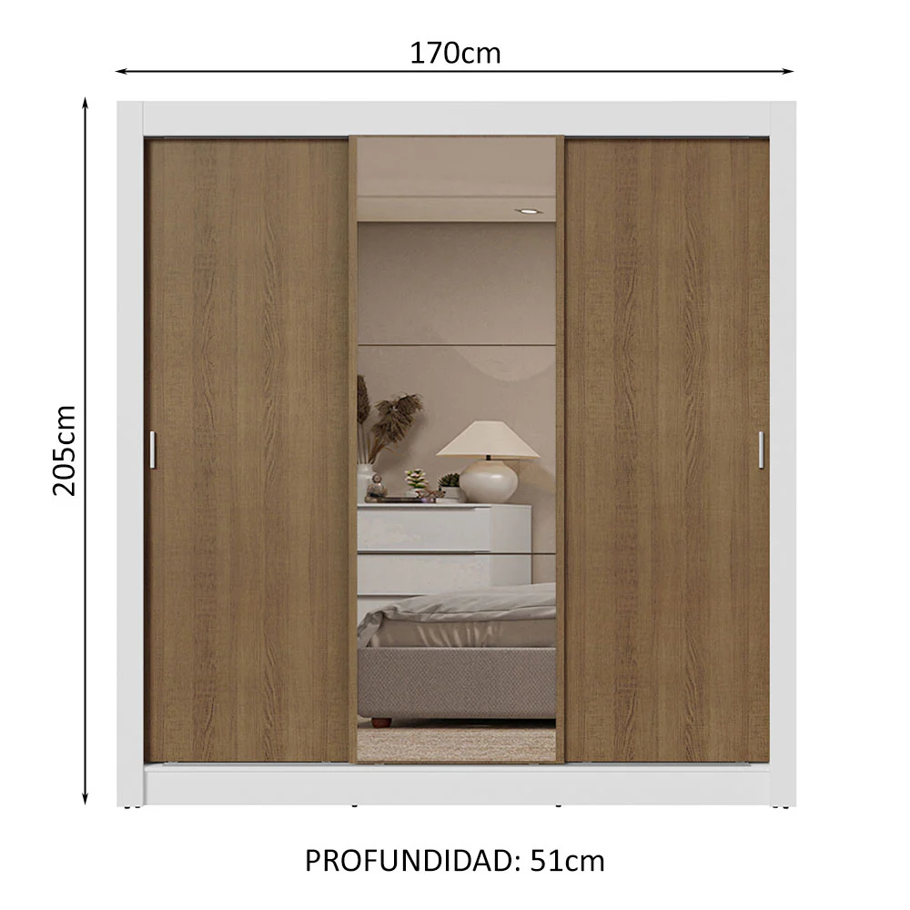 Placard Matrimonial 3 Puertas Corredizas con Espejo 2 Cajones Blanco/Marrón Sublime - Image 2