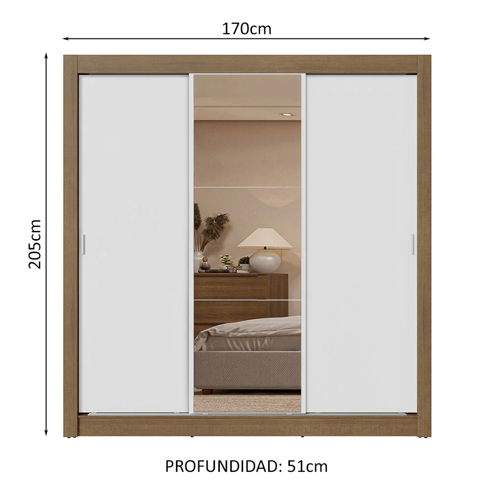 Placard Matrimonial 3 Puertas Corredizas con Espejo 2 Cajones Marrón/Blanco Sublime - Image 2