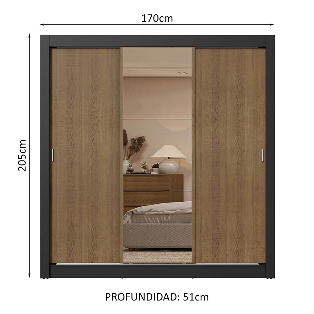 Placard Matrimonial 3 Puertas Corredizas con Espejo 2 Cajones Negro/Marrón Sublime - Image 2