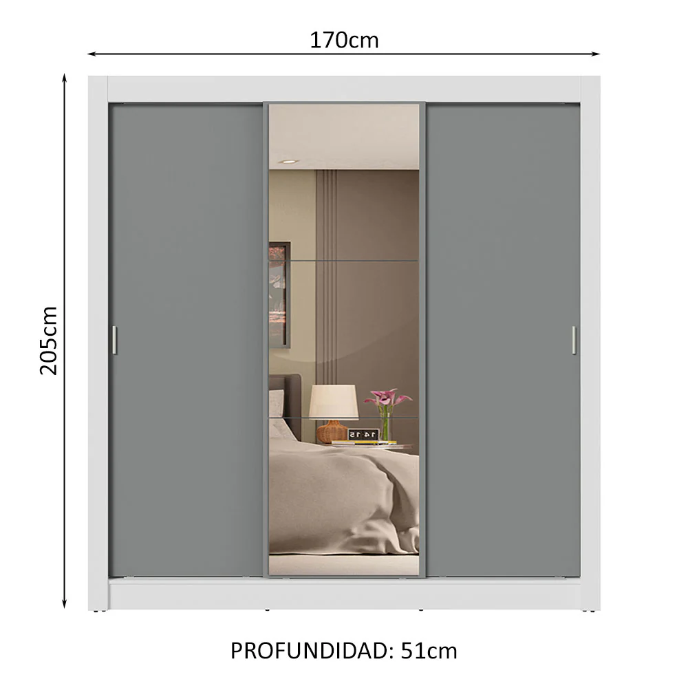 Placard Matrimonial 3 Puertas Corredizas con Espejo 4 Cajones Blanco/Gris Sublime Plus - Image 2
