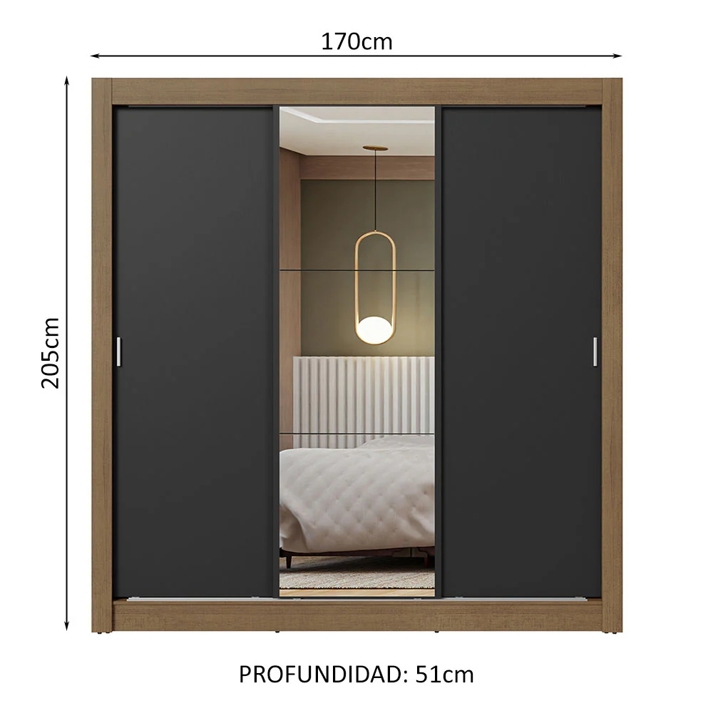 Placard Matrimonial 3 Puertas Corredizas con Espejo Marrón/Negro Nobre - Image 2