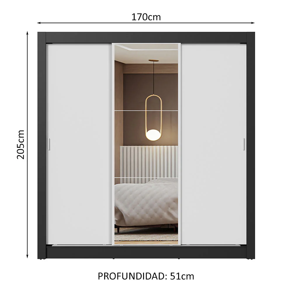 Placard Matrimonial 3 Puertas Corredizas con Espejo Negro/Blanco Nobre - Image 3