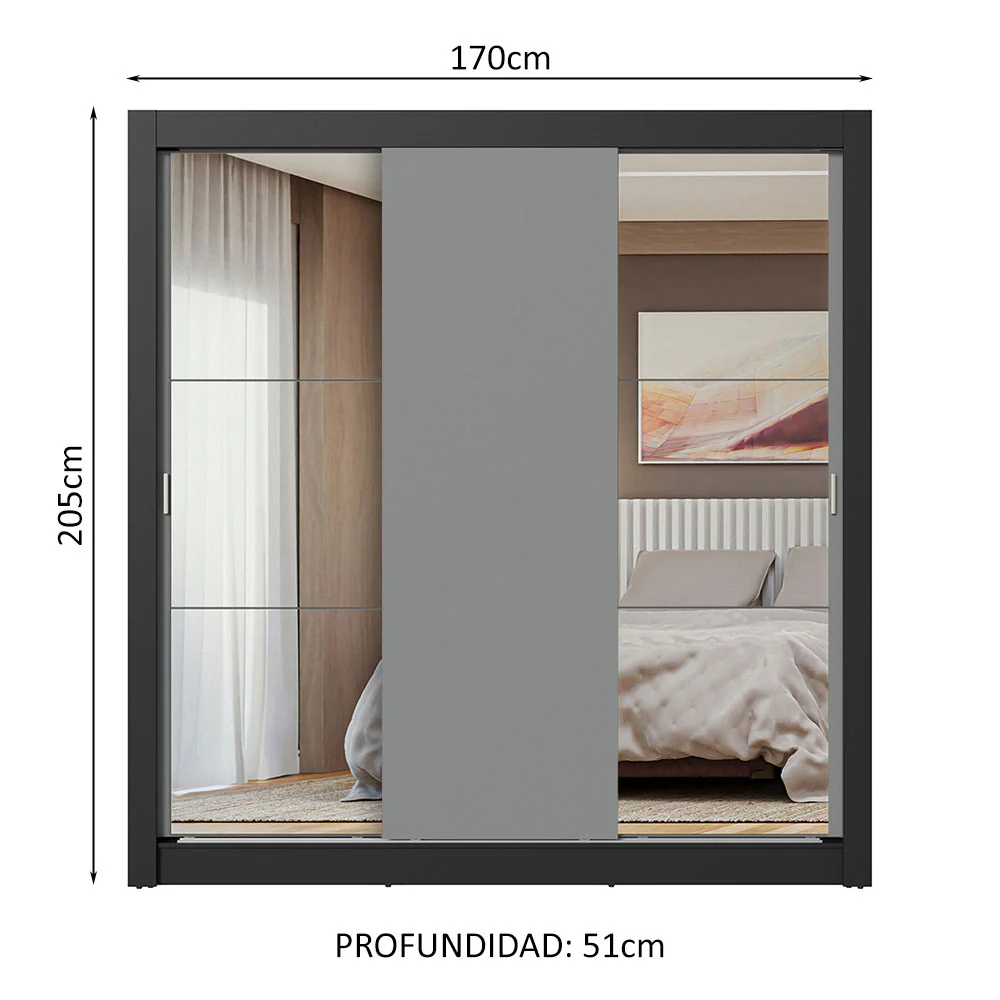 Placard Matrimonial 3 Puertas Corredizas con Espejo Negro/Gris Nobre - Image 2