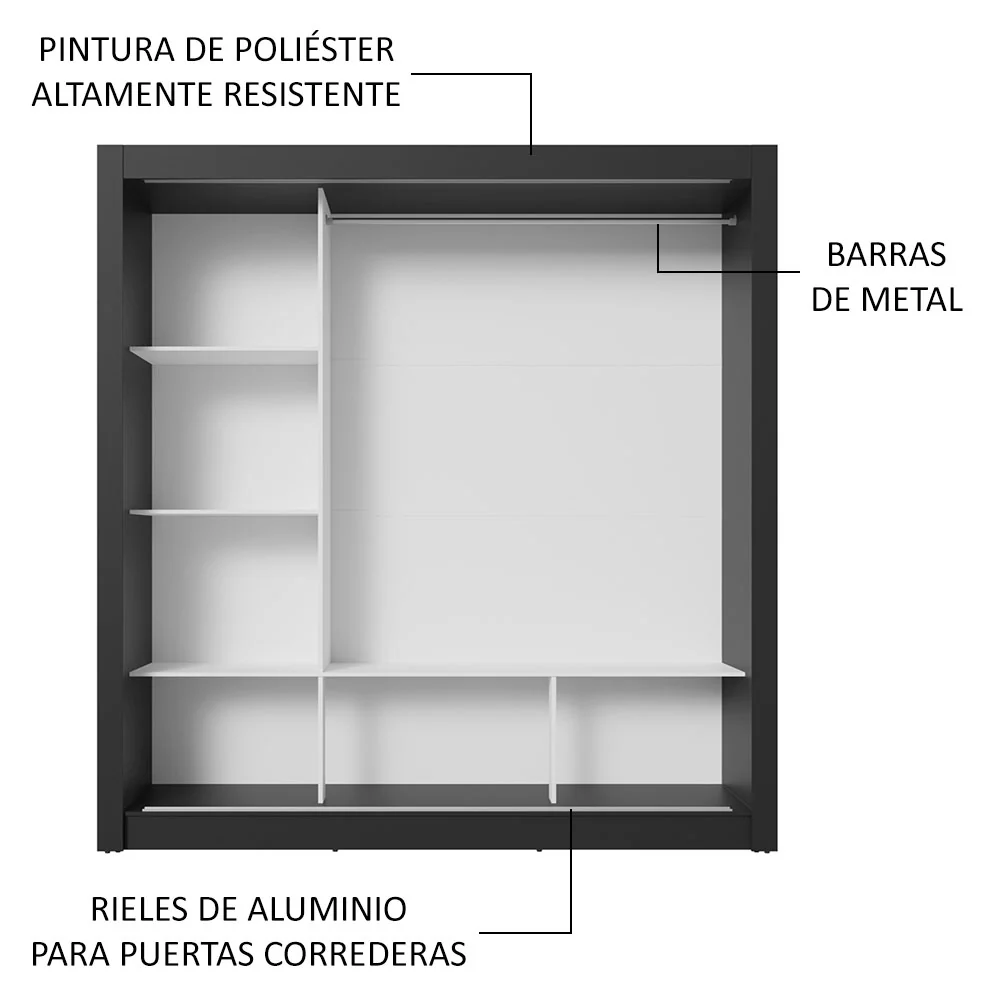 Placard Matrimonial 3 Puertas Corredizas con Espejo Negro/Gris Nobre - Image 6
