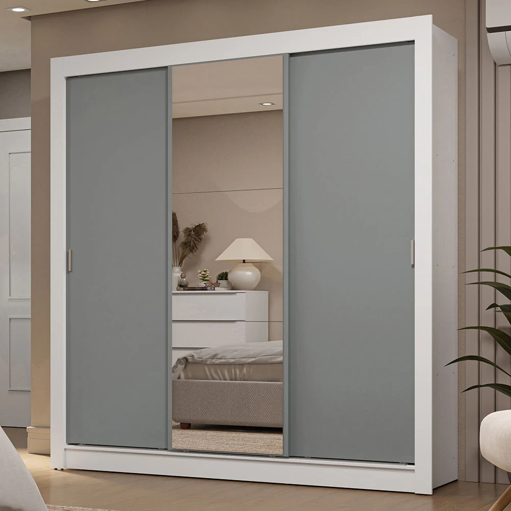 Placard Matrimonial 3 Puertas Corredizas con Espejo 2 Cajones Blanco/Gris Sublime