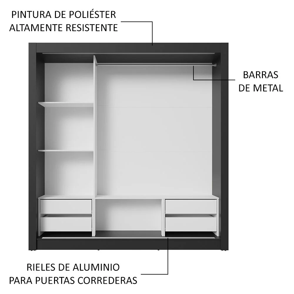 Placard Matrimonial 3 Puertas Corredizas con Espejos 4 Cajones Negro/Blanco Sublime Plus - Image 6