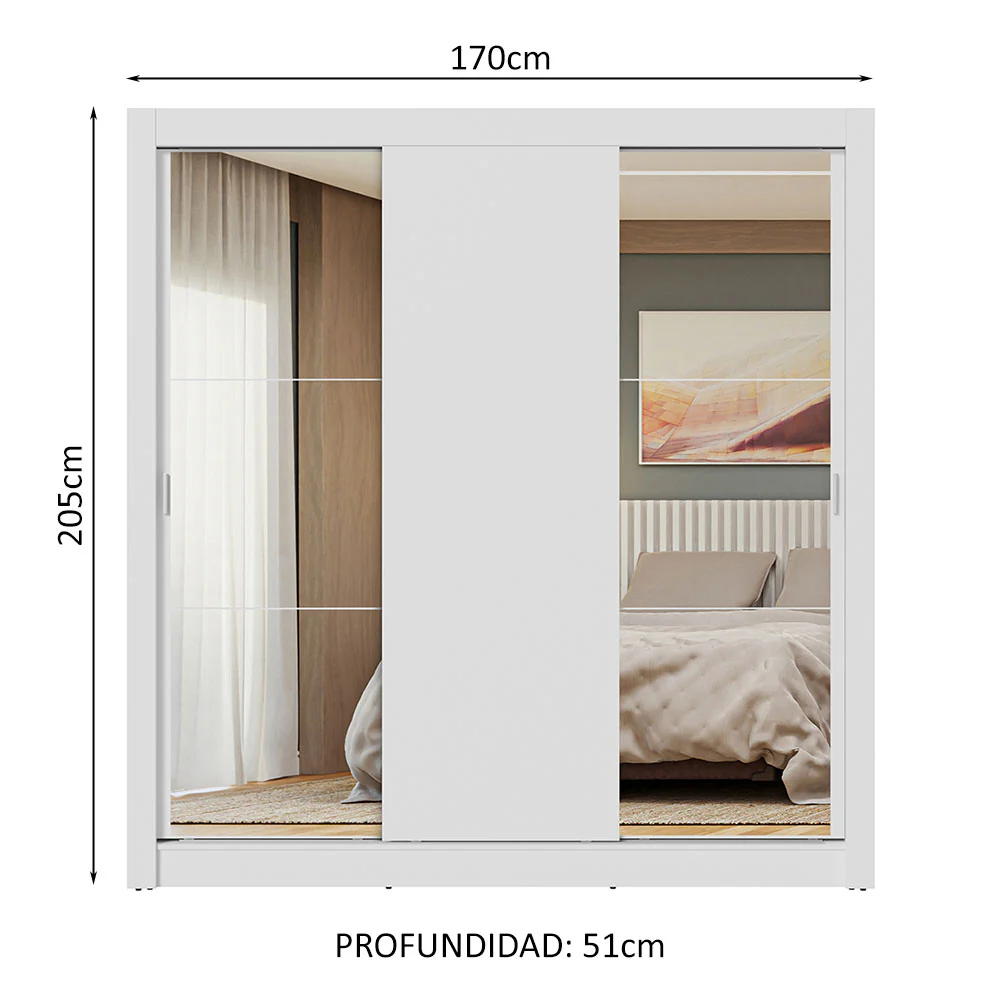Placard Matrimonial 3 Puertas Corredizas con Espejos Blanco Nobre - Image 2