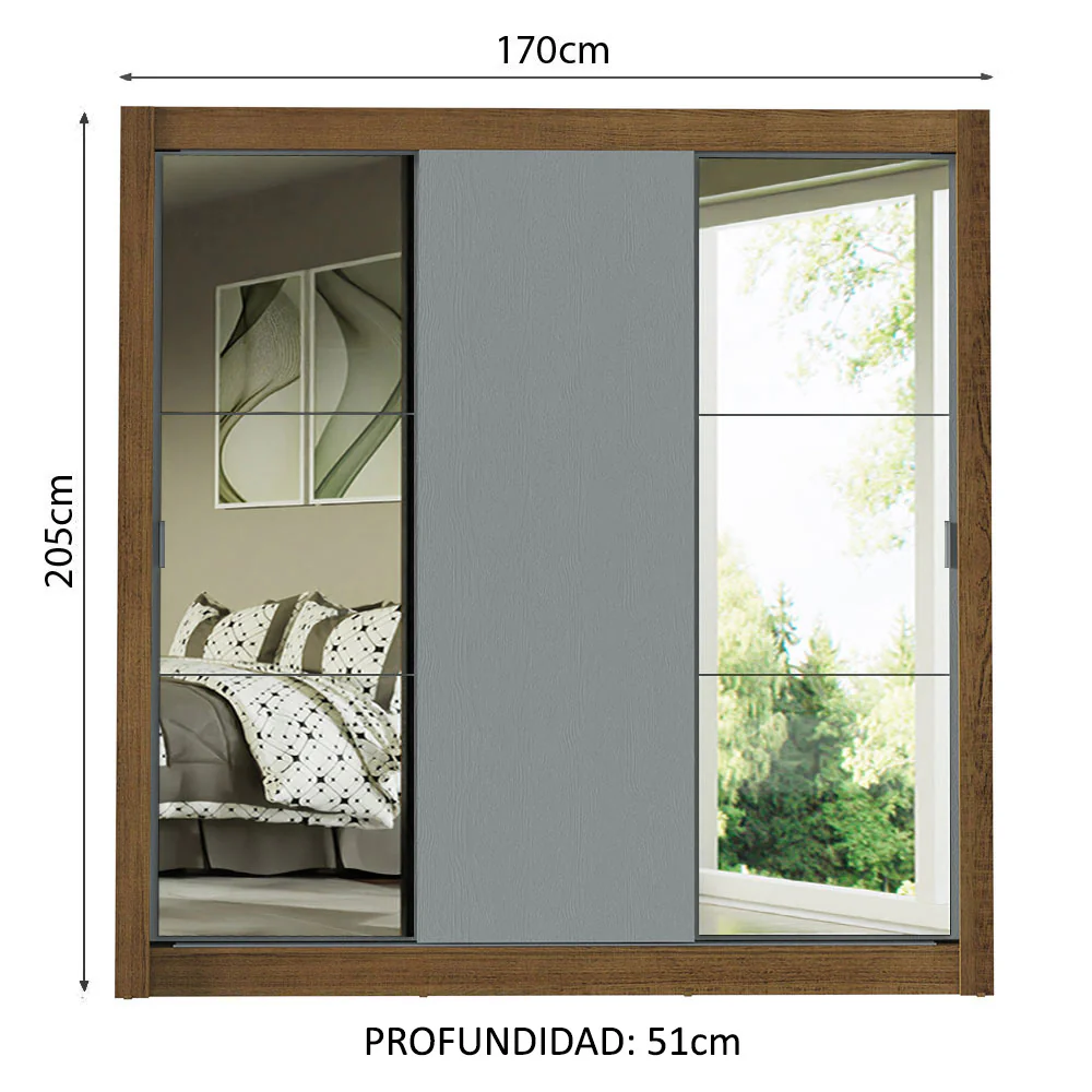 Placard Matrimonial 3 Puertas Corredizas con Espejos Marrón/Gris Monaco - Image 2