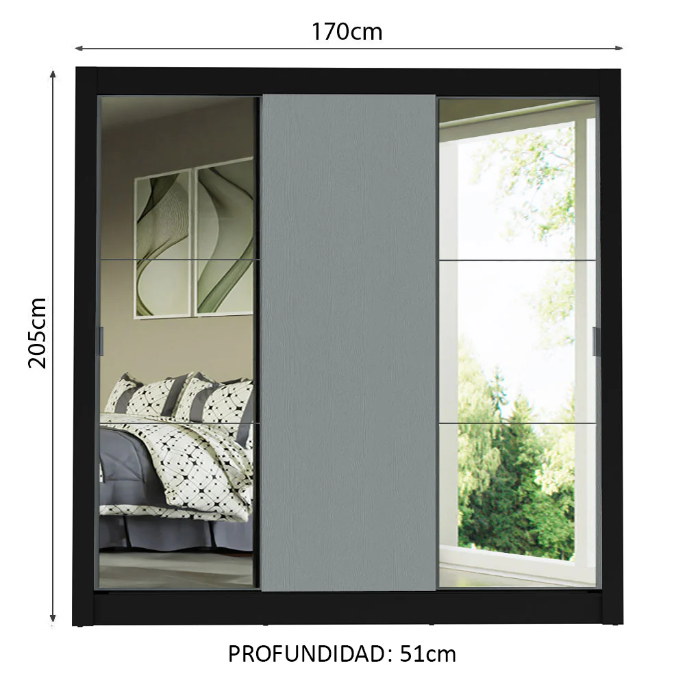 Placard Matrimonial 3 Puertas Corredizas con Espejos Negro/Gris Monaco - Image 2