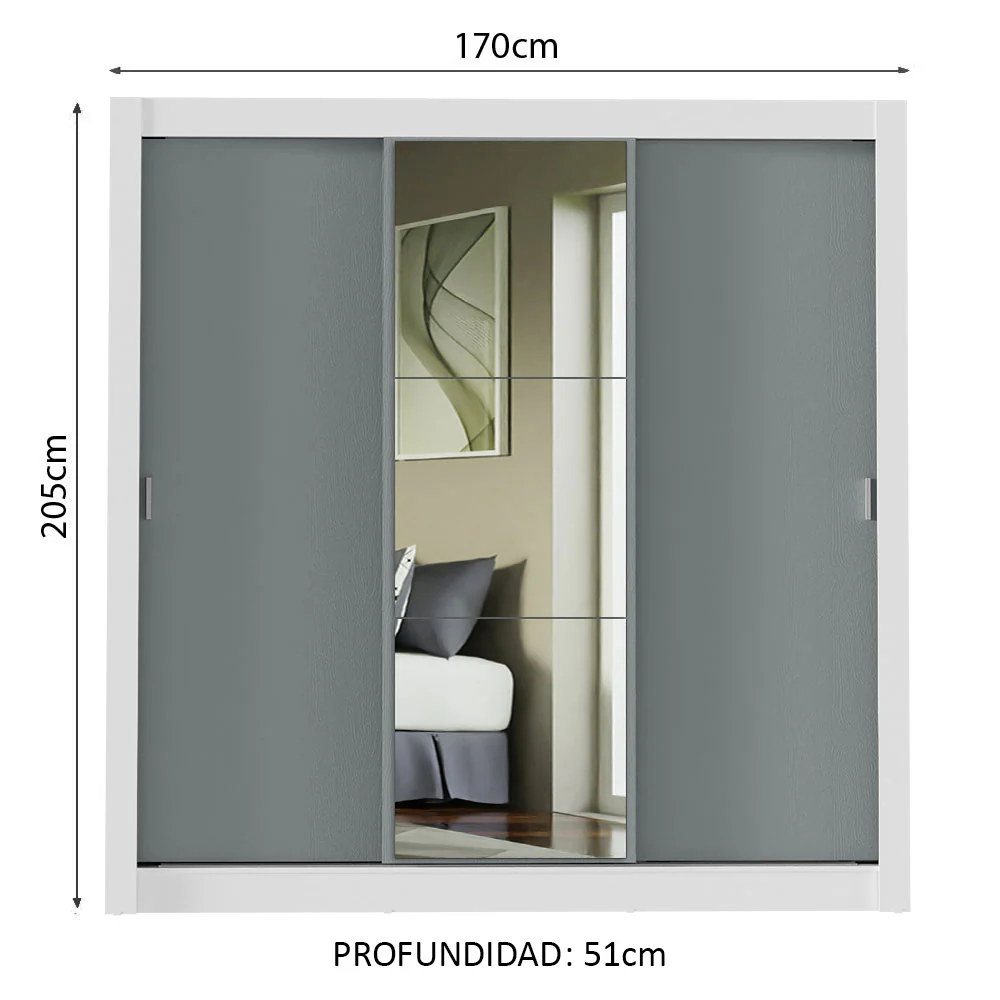 Placard Matrimonial 3 Puertas Corredizas con Espejos Negro/Gris Nobre - Image 2