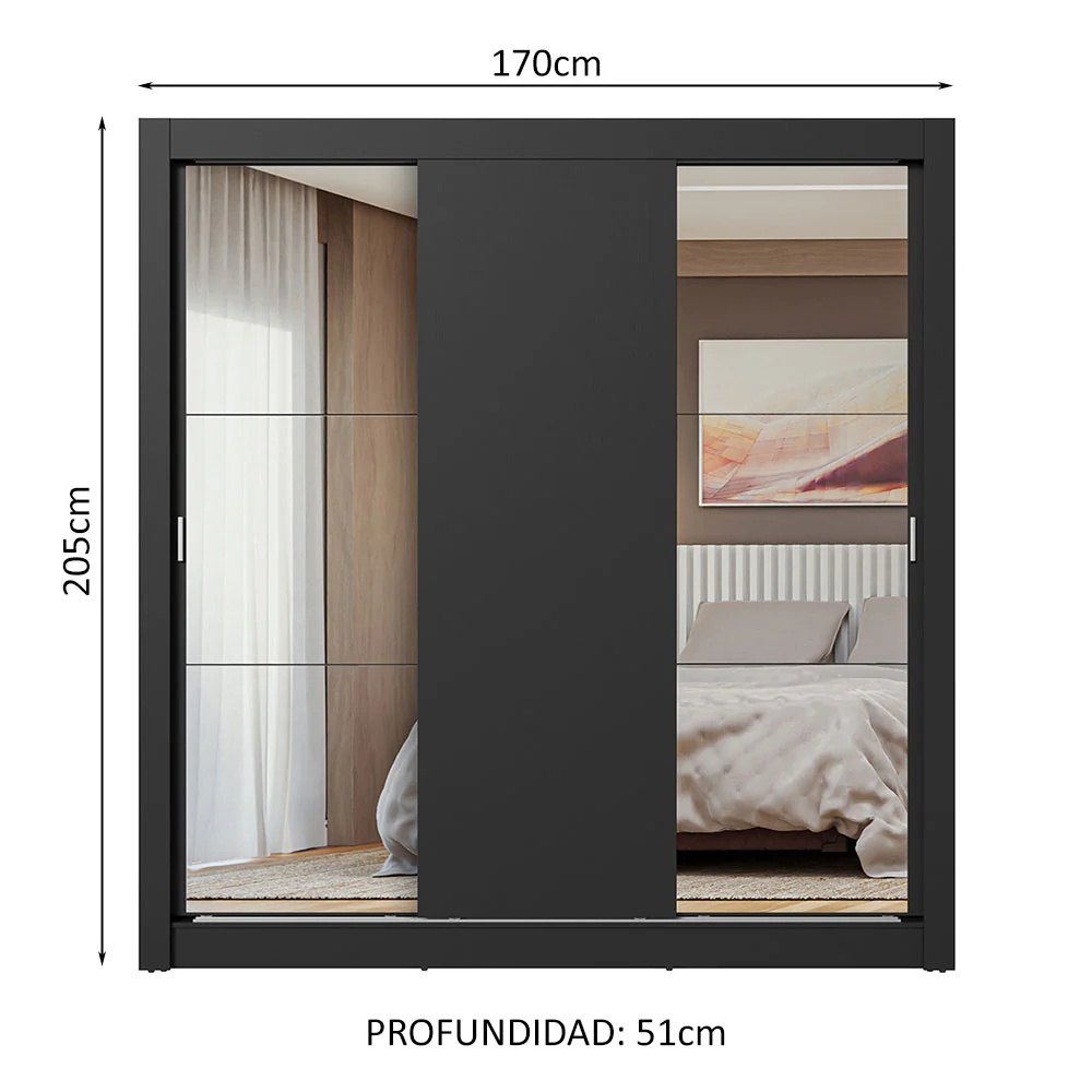 Placard Matrimonial 3 Puertas Corredizas con Espejos Negro Nobre - Image 2