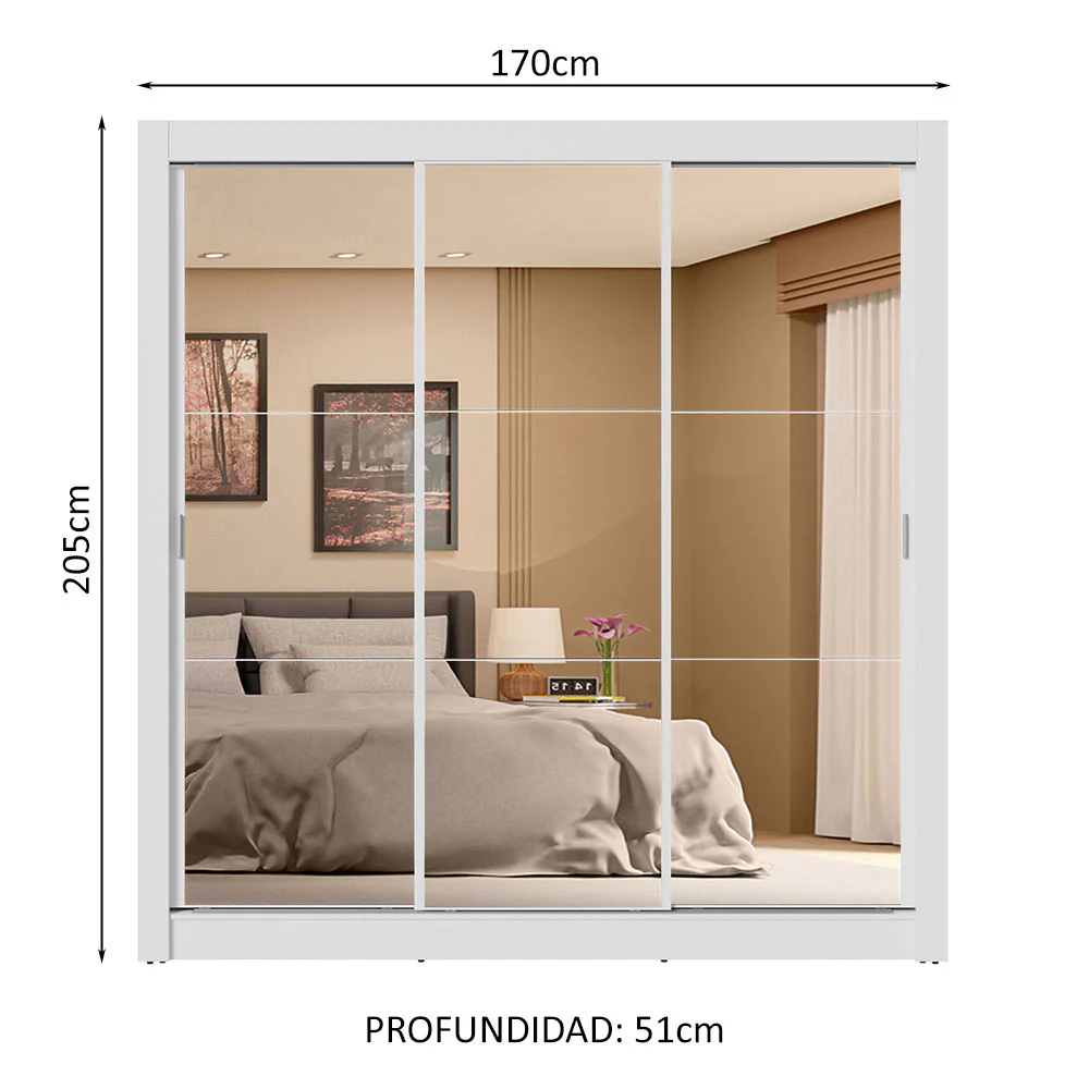 Placard Matrimonial 3 Puertas Corredizas de Espejo 4 Cajones Blanco Sublime Plus - Image 2