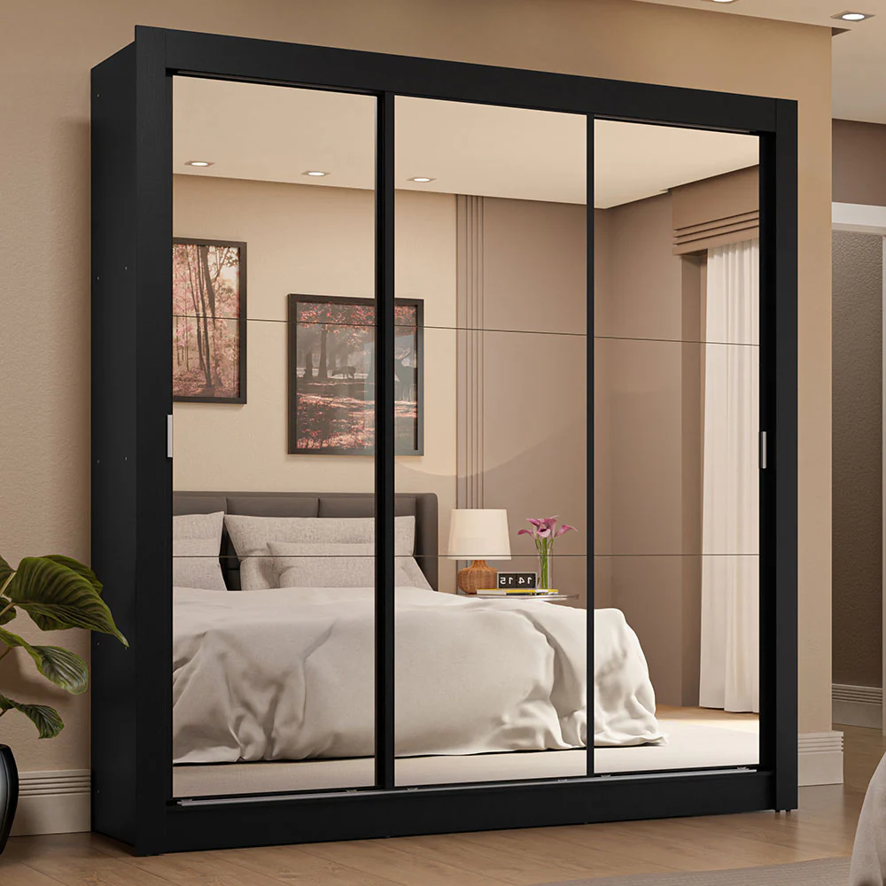 Placard Matrimonial 3 Puertas Corredizas de Espejo 4 Cajones Negro Sublime Plus